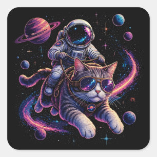 Astronaut cat riding through space square sticker