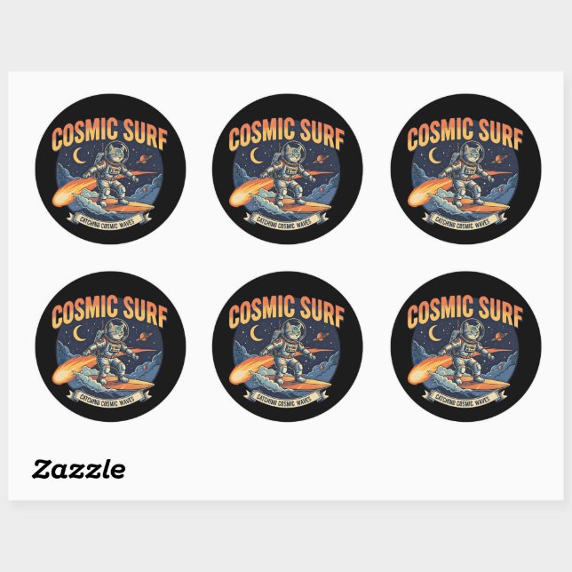 Astronaut Cat Surfing comic waves  Classic Round Sticker (Sheet)