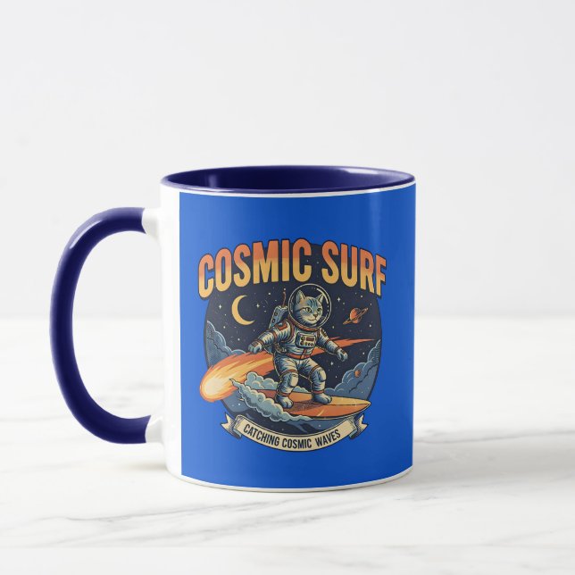Astronaut Cat Surfing Comic Waves  Mug (Left)