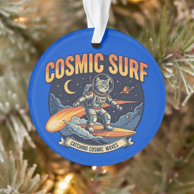 Astronaut Cat Surfing Comic Waves  Ornament (Tree)