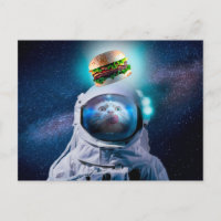 Astronaut cat wishing a hamburger