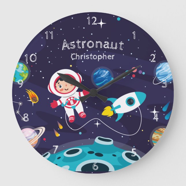 Astronaut child on the moon, monogrammed name large clock (Front)