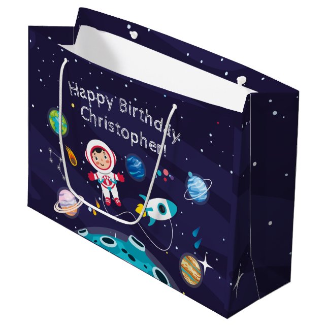   Astronaut child on the moon, monogrammed name Large Gift Bag (Front Angled)