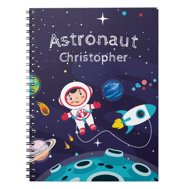 Astronaut child on the moon, monogrammed name notebook (Front)