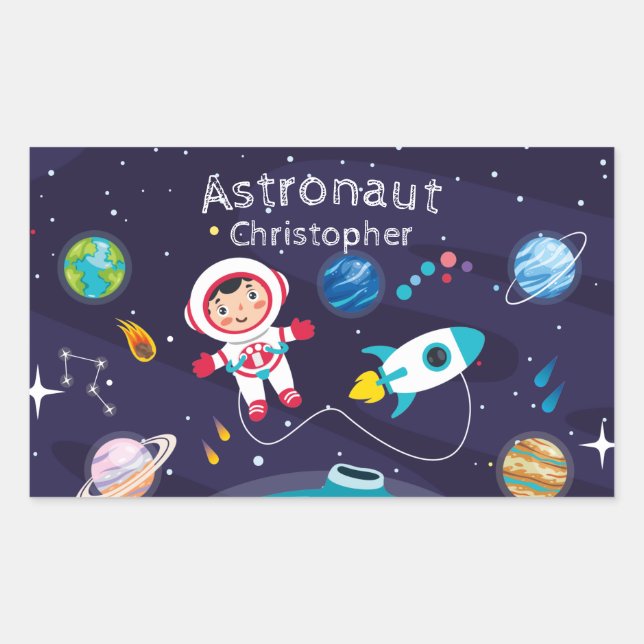 Astronaut child on the moon, monogrammed name rectangular sticker (Front)