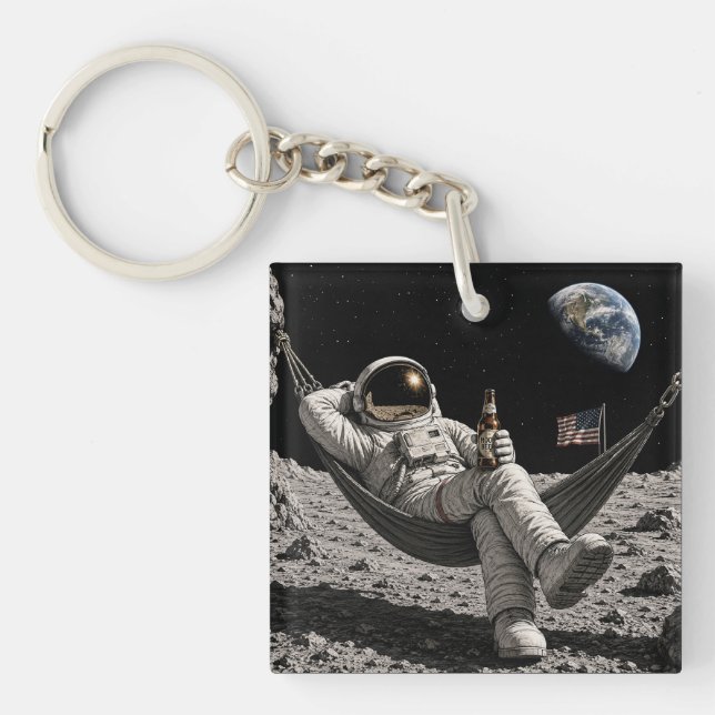 Astronaut Chilling with Beer on the Moon Key Ring (Front)