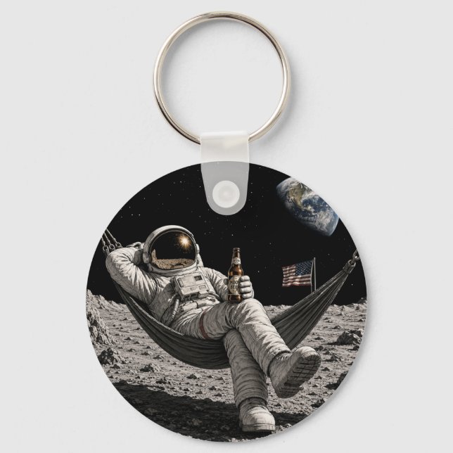 Astronaut Chilling with Beer on the Moon Key Ring (Front)
