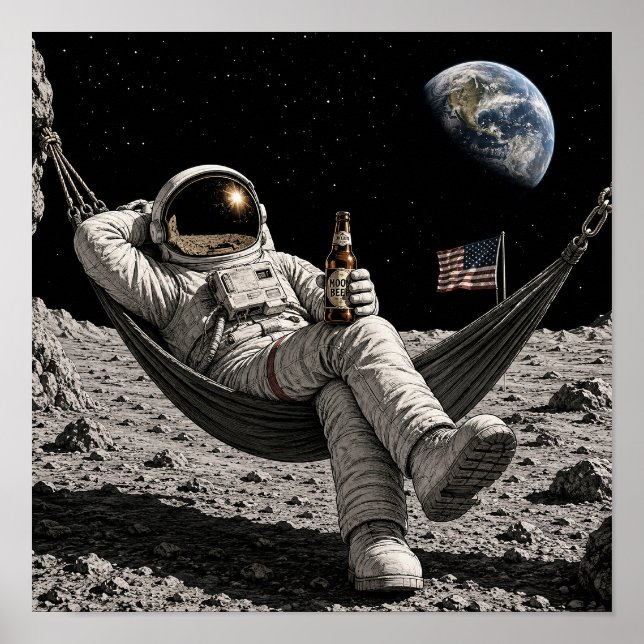 Astronaut Chilling with Beer on the Moon Poster (Front)