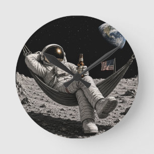 Astronaut Chilling with Beer on the Moon Round Clock