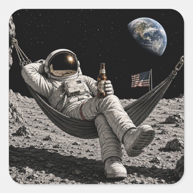 Astronaut Chilling with Beer on the Moon Square Sticker (Front)