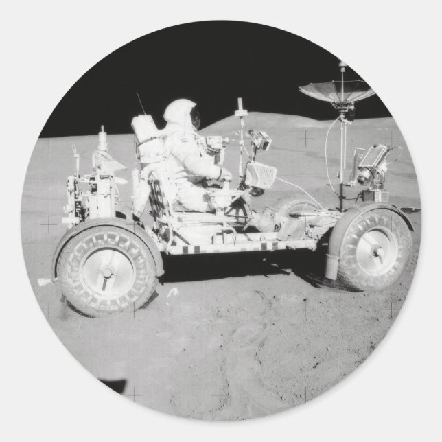 Astronaut driving Lunar Lander on the Moon Classic Round Sticker (Front)