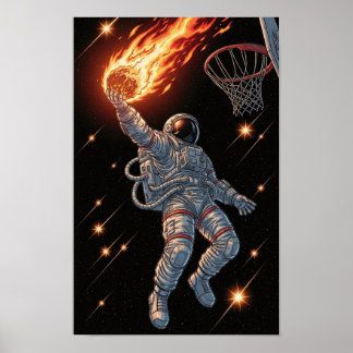 Astronaut Dunking Fiery Basketball Dynamic Space Poster