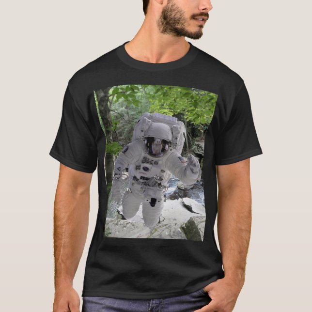 Astronaut Explores Earth Black t-shirt (Front)