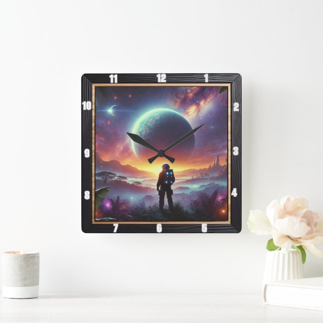 Astronaut Exploring a Vibrant Alien Landscape Square Wall Clock (Home)