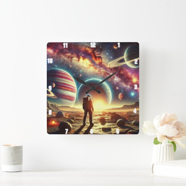 Astronaut Exploring Vibrant Galactic Scenery Square Wall Clock (Home)