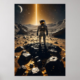 Astronaut Floating Above Glowing Golden Asteroids  Poster