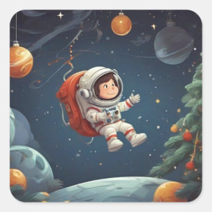Astronaut Floating Around Christmas Tree Square Sticker