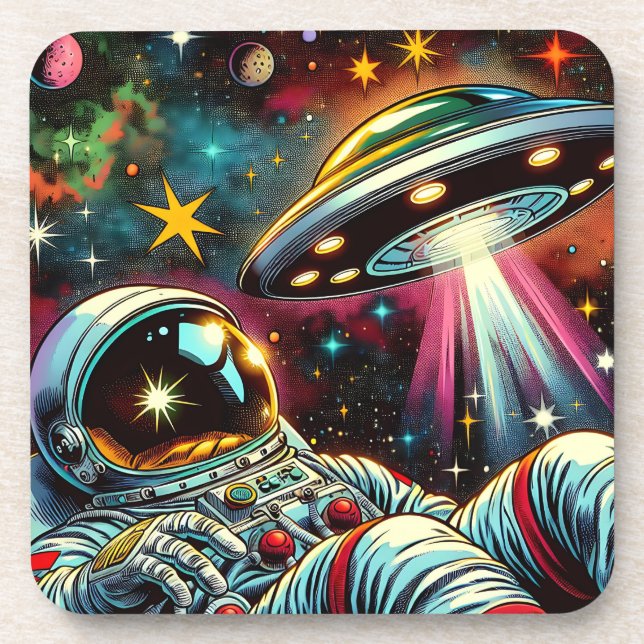 Astronaut Floating in Space with a UFO Ai  Art Coaster (Front)