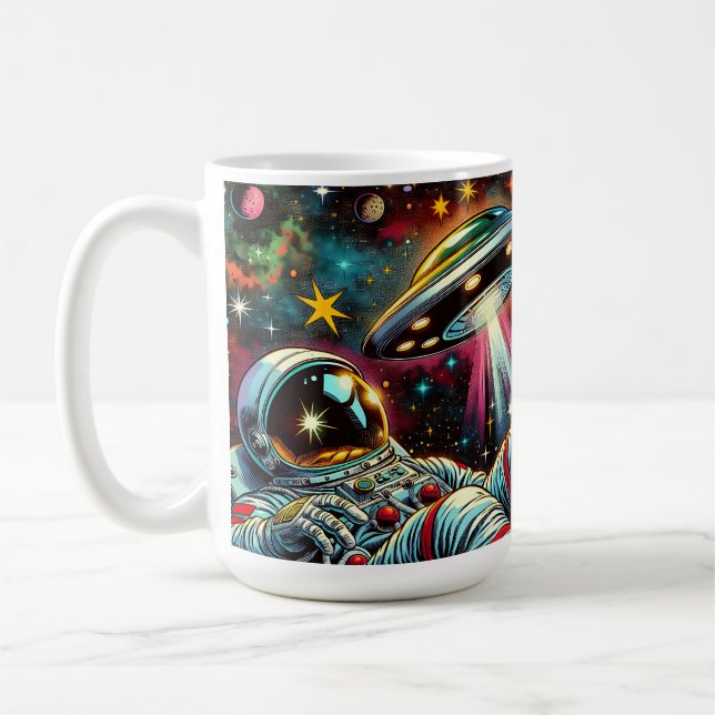 Astronaut Floating in Space with a UFO Ai  Art Coffee Mug (Left)