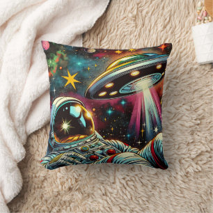 Astronaut Floating in Space with a UFO Ai  Art Cushion