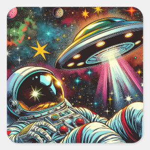 Astronaut Floating in Space with a UFO Ai  Art Square Sticker