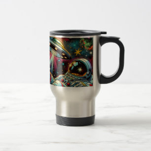 Astronaut Floating in Space with a UFO Ai  Art Travel Mug