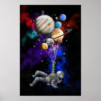 Astronaut floating in space with balloons poster