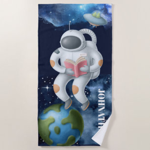Astronaut floating space cartoon kids galaxy stars beach towel