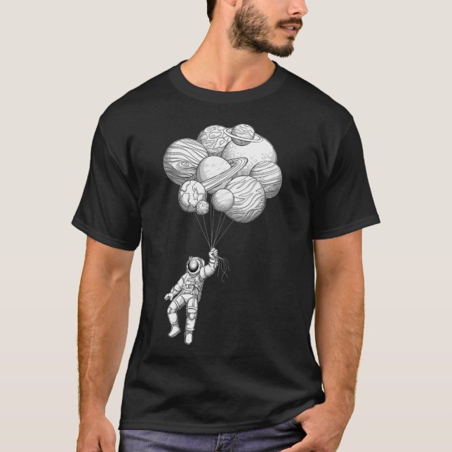 Astronaut Floating With Planet Balloons Hand Drawn T-Shirt (Front)
