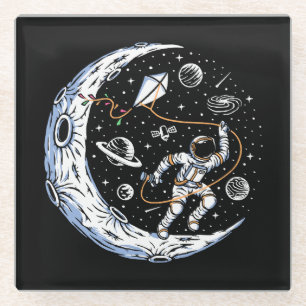 Astronaut Flying a Kite on the Moon Glass Coaster