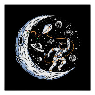 Astronaut Flying a Kite on the Moon Poster