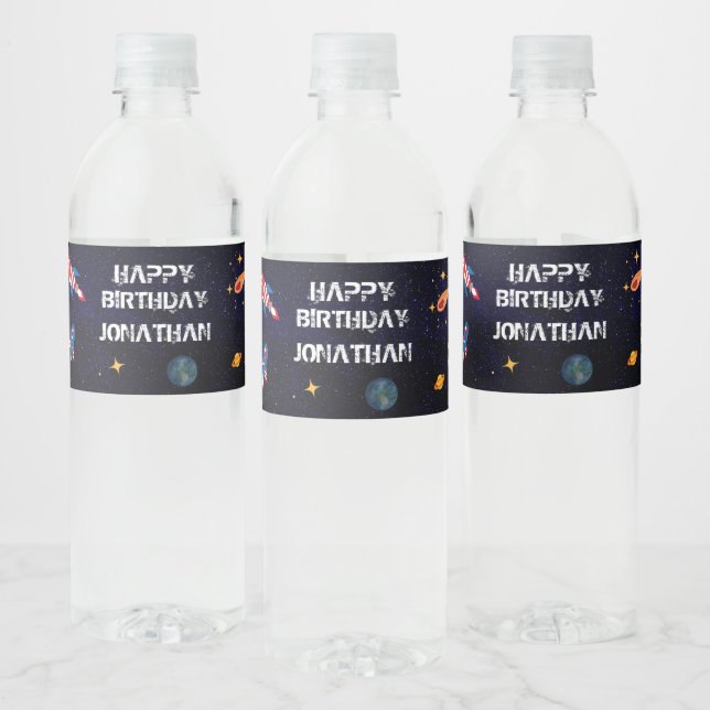 Astronaut Galaxi blue birthday Water Bottle Label (Bottles)