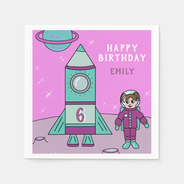 Astronaut Girl and Rocket Moon Space Birthday Napkin (Front)