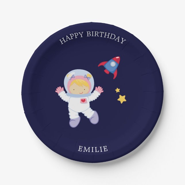 Astronaut Girl Kids Birthday Paper Plate (Front)