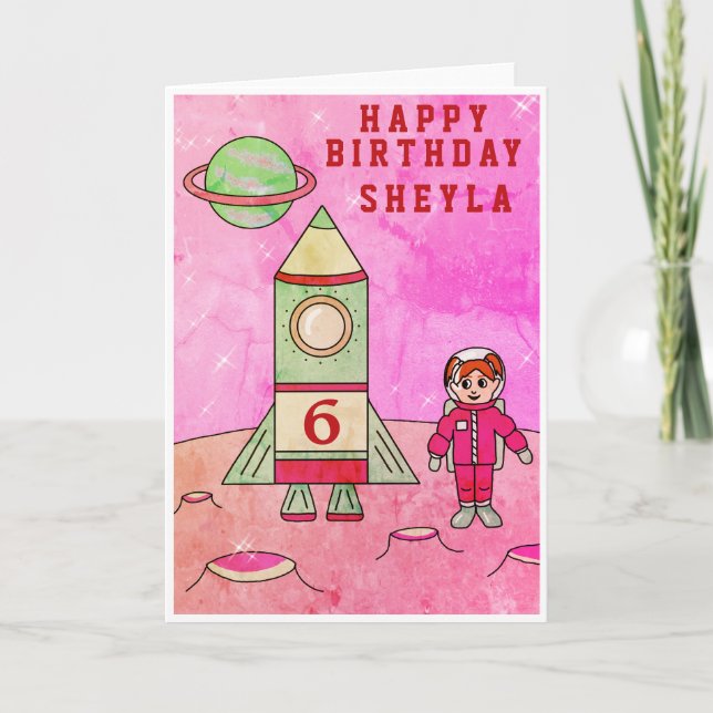 Astronaut Girl Moon in Space Cute Happy Birthday Card (Front)