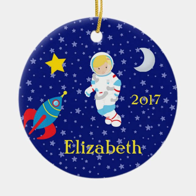 Astronaut Girl Night Sky Rocket Ornament (Front)