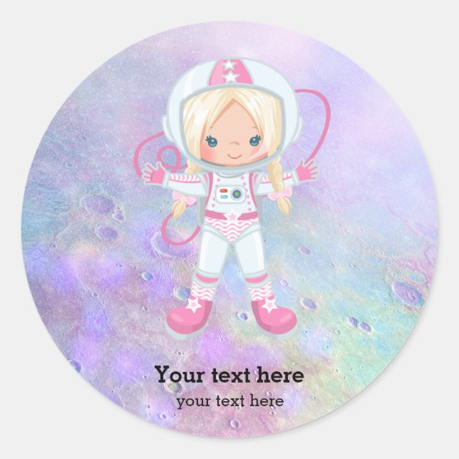 Astronaut girl Outer Space Classic Round Sticker (Front)