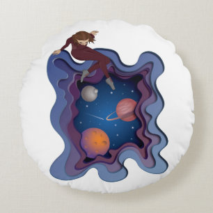 Astronaut Girl Space Gazing Round Cushion