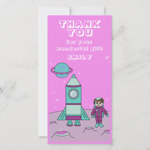 Astronaut Girl Space Rocket Pink Birthday Thank You Card