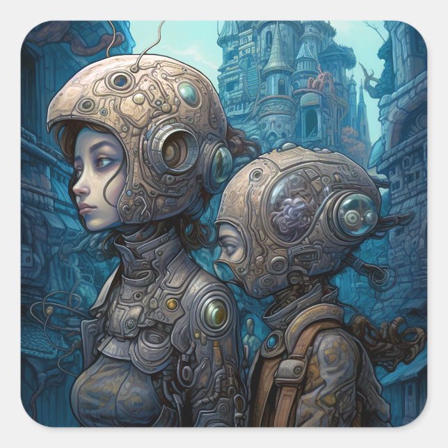 Astronaut Girls Surreal Science Fiction Square Sticker (Front)