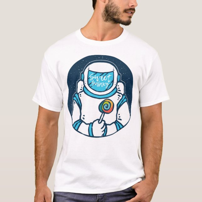 Astronaut holding candy with galaxy and universe T-Shirt (Front)