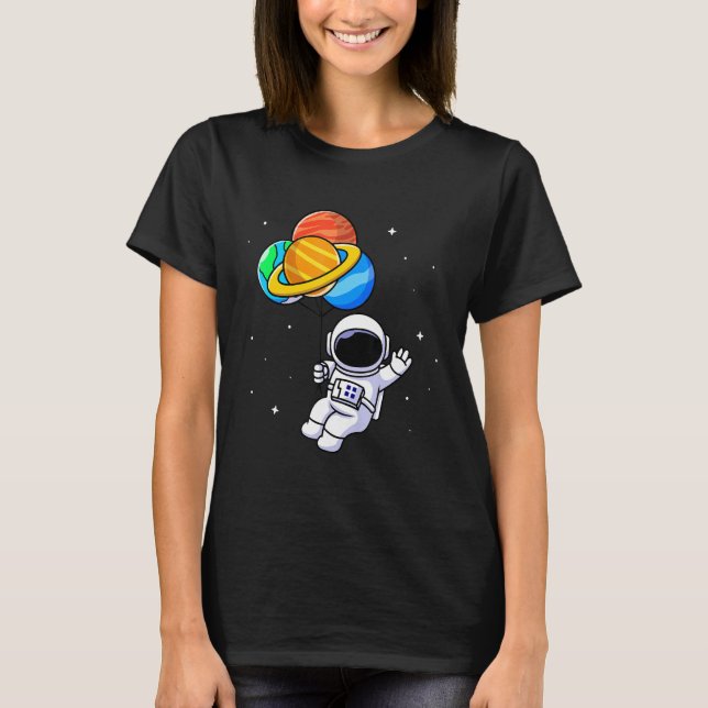 Astronaut Holding Planet Balloons Solar System T-Shirt (Front)