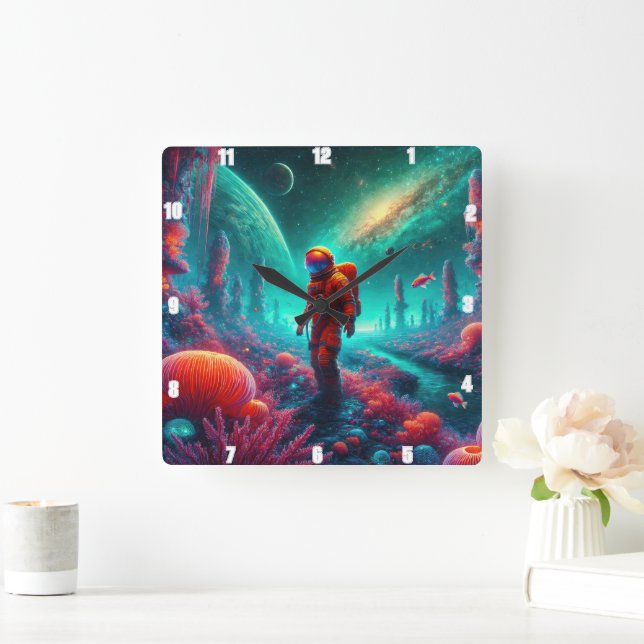 Astronaut in Alien Fantasy Square Wall Clock (Home)