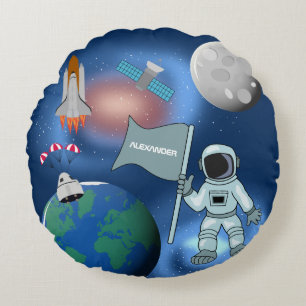 Astronaut in Space Galaxy Personalized Name  Round Cushion