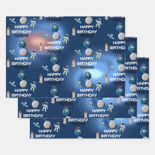 Astronaut in Space Galaxy Theme Birthday Name Wrapping Paper Sheet (Set)