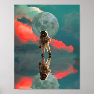 Astronaut in Space Moon Retro Poster