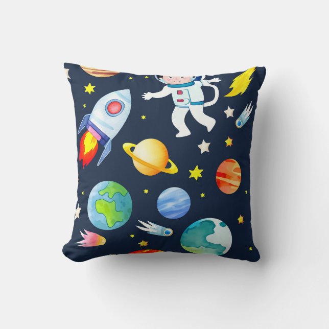 Astronaut in Space Planets and Rockets Pattern Cushion (Front)