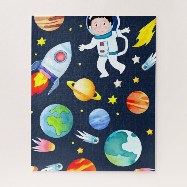 Astronaut in Space Planets and Rockets Pattern Jigsaw Puzzle (Vertical)