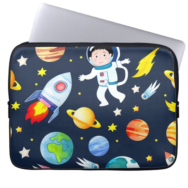 Astronaut in Space Planets and Rockets Pattern Laptop Sleeve (Front)