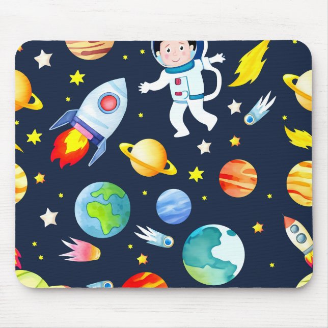 Astronaut in Space Planets and Rockets Pattern Mouse Mat (Front)